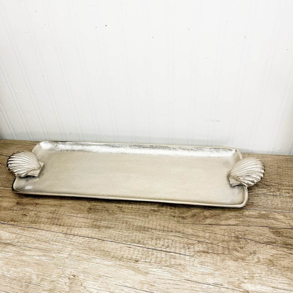 Vintage Shell Handled Silver Tray, Aluminum Serving Platter - Picture 3 of 12